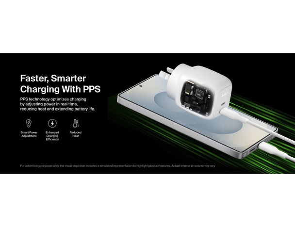 A white USB-C wall charger with a logo, placed on a sleek device, showcasing its modern design.