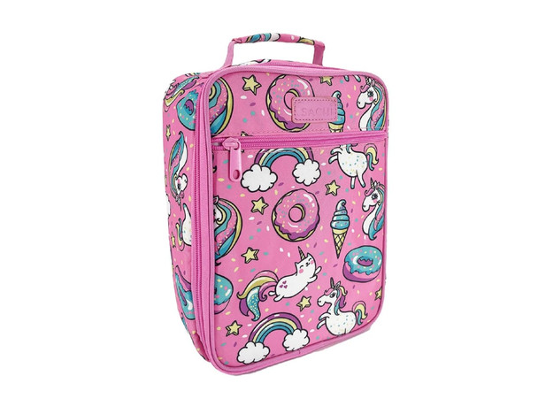 A pink insulated lunch bag featuring a fun design with unicorns, donuts, rainbows, and stars, with a logo on it.