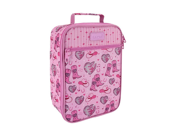 A pink insulated junior lunch bag featuring playful patterns of boots, hearts, and musical notes, with a handle and a zipper.