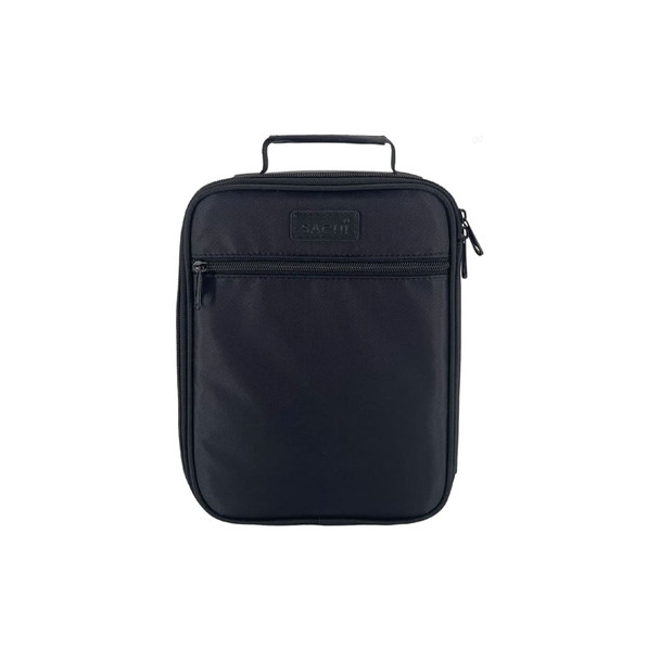 A black insulated lunch bag with a zippered front pocket and a top handle. It features branding.