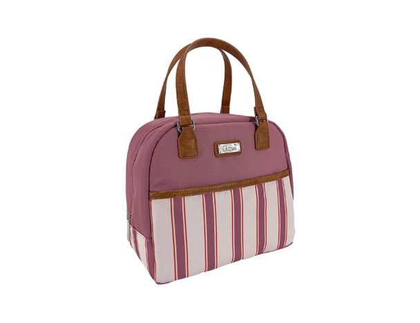 A pink and cream insulated lunch bag with striped design and brown handles; features a logo on the front.