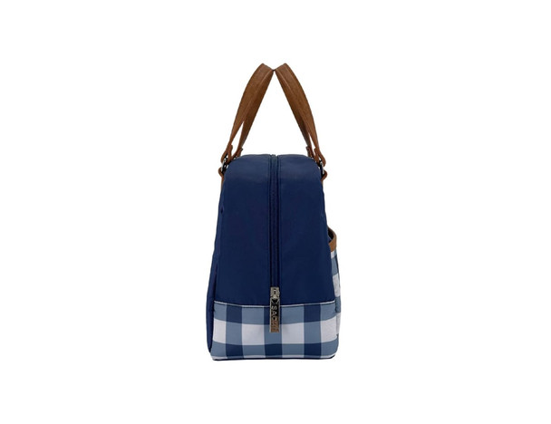 A navy insulated lunch bag with a checkered pattern and brown straps, featuring a branding logo.