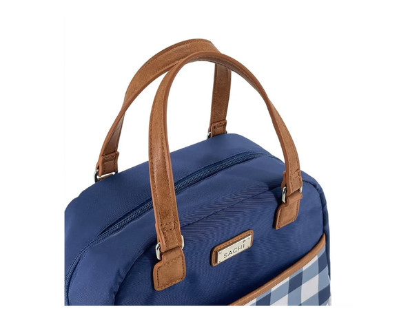 A navy insulated lunch bag with a checkered pattern, featuring brown faux leather handles and a zip closure.