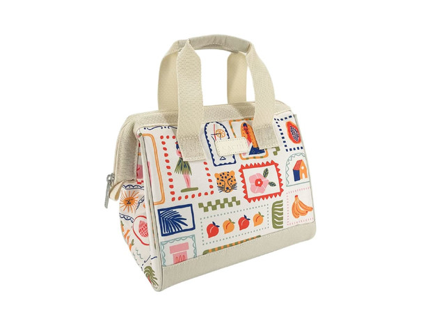 An insulated lunch bag featuring a colourful design with various patterns and handles. It includes a logo on the side.