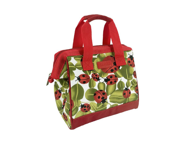 A red insulated lunch bag with a white background featuring green leaves and ladybug prints. It has two sturdy handles.