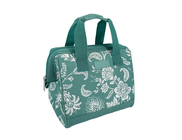 A teal insulated lunch bag with a floral design, featuring a zip closure and two top handles.