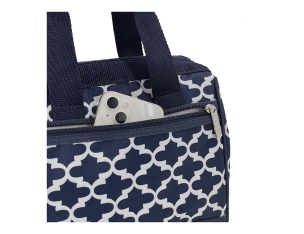 A navy insulated lunch bag with a white geometric pattern, featuring a zippered pocket holding a smartphone.