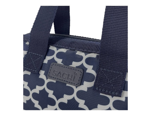 A close-up of a navy and white insulated lunch bag with sturdy handles and a logo on the front.