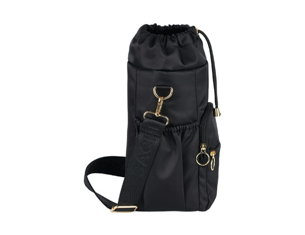 A drink bottle bag in black, featuring a drawstring top, side pockets, and a crossbody strap. It has a logo.