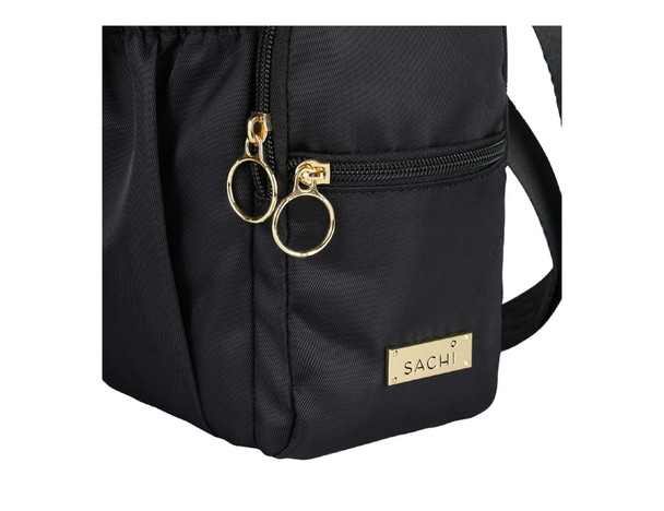 A drink bottle bag in black with two zippered compartments and a gold logo tag.