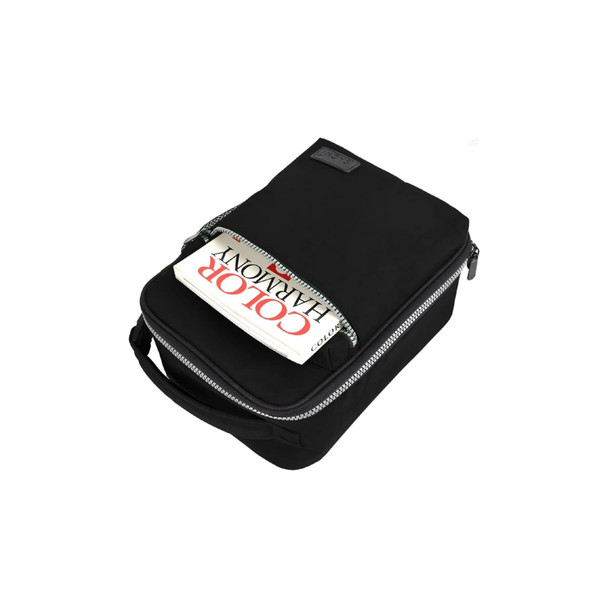 A black insulated lunch bag with a zippered pocket on top, containing a booklet. It has a sturdy handle.