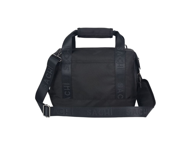 A black insulated cooler bag with adjustable straps and a logo on the strap. Features sturdy handles and a sleek design.