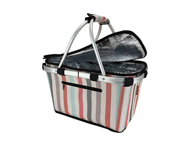 An insulated carry basket with a striped pattern in pink, grey, and white, featuring a silver interior and a lid.