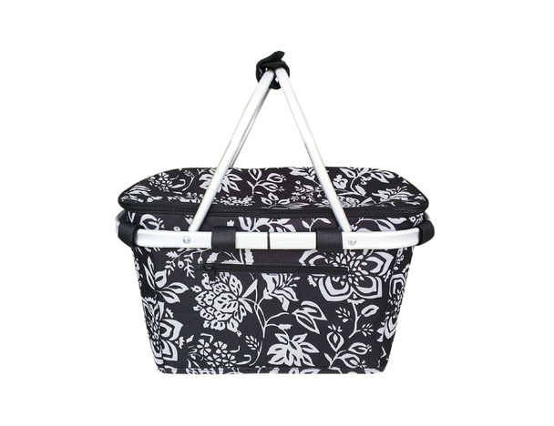 A black and white floral insulated carry basket with a lid and sturdy handles. It features a white metal frame.