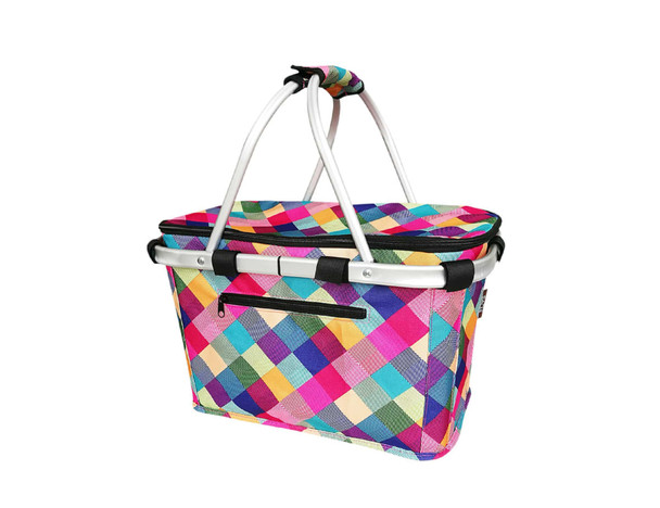 A patterned, insulated carry basket in vibrant colours, featuring a lid and sturdy handles, with a zippered pocket.