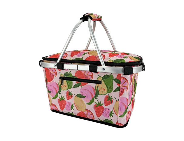 A pink insulated carry basket with a lid, featuring a colourful fruit design and silver handles.
