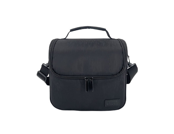 A black insulated lunch bag with a zip closure and a handle, featuring a detachable shoulder strap and a logo.