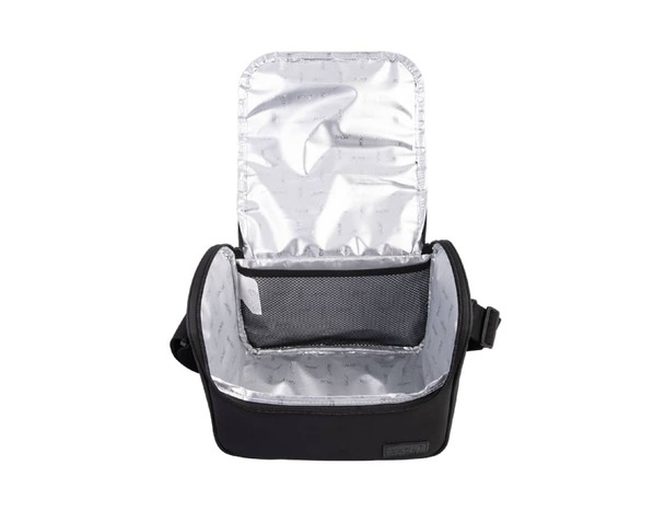 A black insulated lunch bag with a silver interior and a mesh pocket, featuring an adjustable strap.