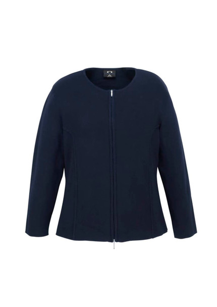 A navy women's 2-way zip cardigan featuring a round neckline and long sleeves, with a branding logo.