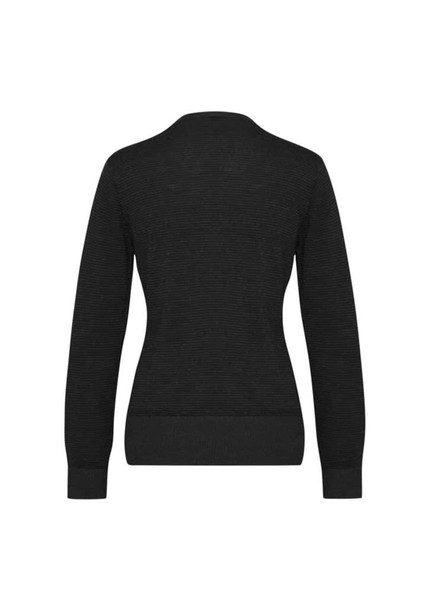 A black merino cardigan with a textured design, featuring long sleeves and a ribbed hem.