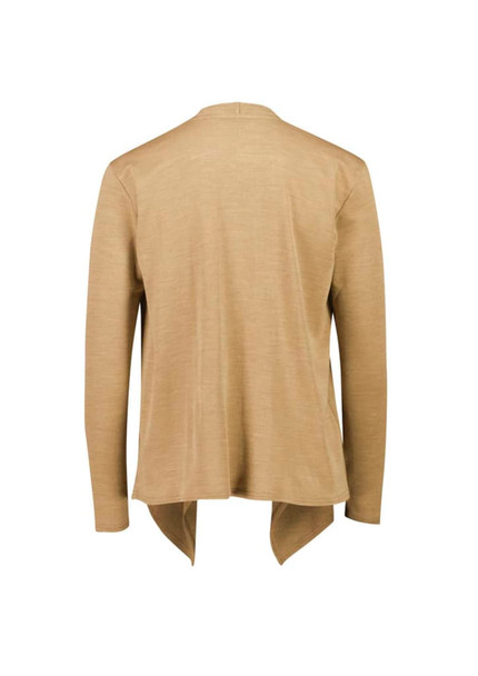 A lightweight, waterfall cardigan in a soft beige colour, featuring a stylish asymmetrical hem and long sleeves.