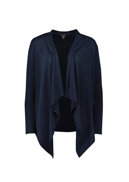 A navy blue women's waterfall cardigan featuring an open front and long sleeves, with a subtle texture.
