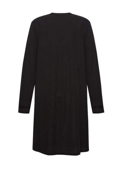 A longline cardigan in black, featuring long sleeves and a simple design, with a branding logo.