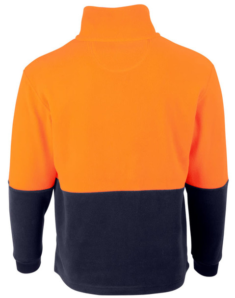 A Hi-Vis polar fleece full zip jacket featuring an orange upper section and navy blue lower section, with a logo.