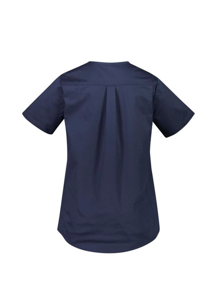 A navy women's scrub top with a short sleeve design and a pleated back. Features a logo on the garment.