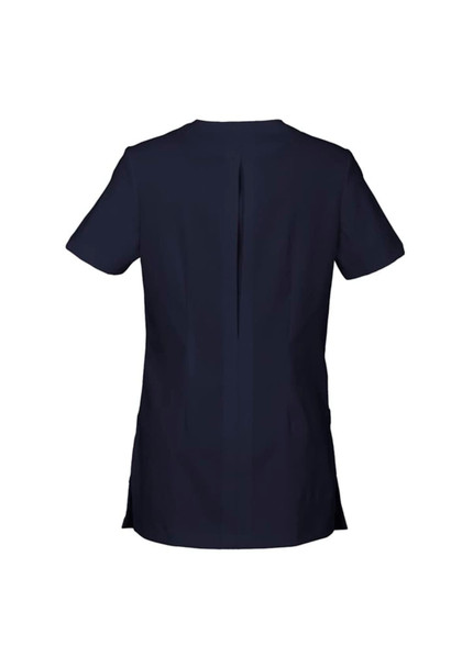 A navy women's tunic featuring short sleeves and a back vent, designed for uniforms. It has a subtle brand logo.