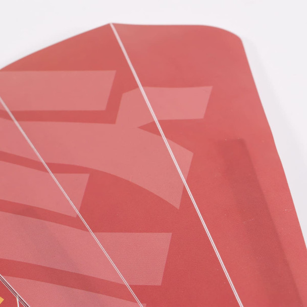 A red plastic hand fan with a glossy finish, featuring a logo.
