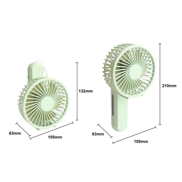 A foldable USB handy fan in light green, featuring adjustable heights, with detailed dimensions shown.