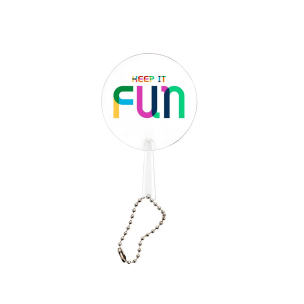 A mini PVC hand fan with a transparent circular design and multicoloured lettering, featuring a keychain attachment.