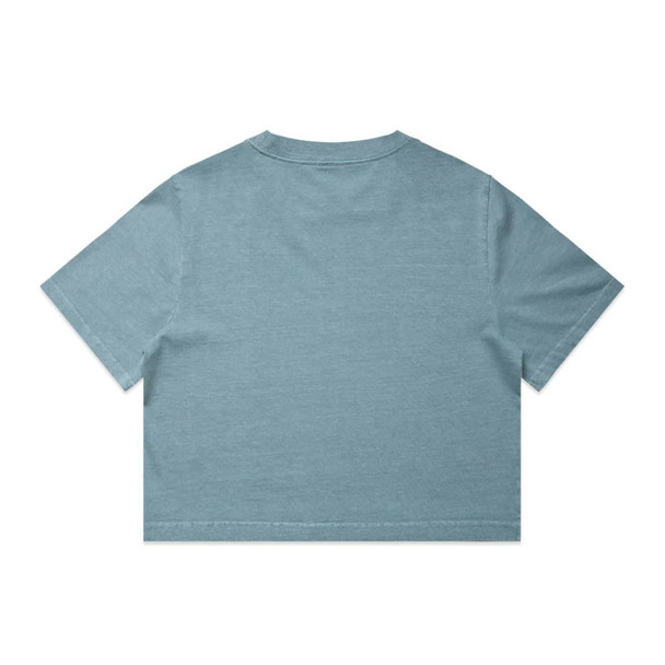 A light blue, cropped t-shirt featuring a plain back and short sleeves, with a logo present.