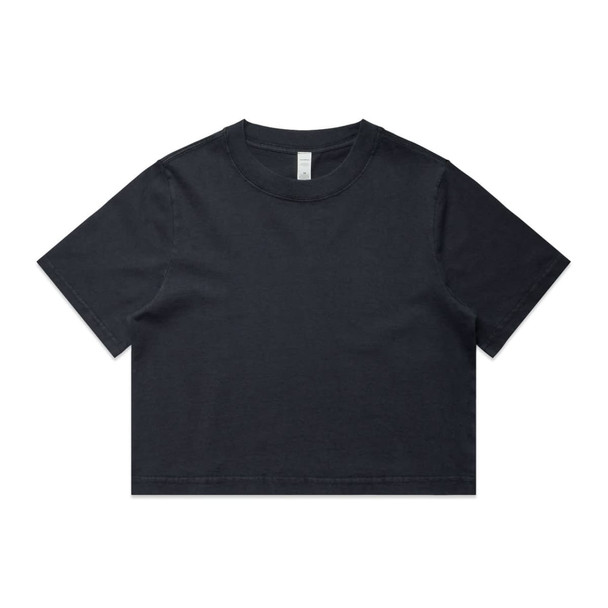 A black heavy faded crop tee with a round neckline and short sleeves, featuring a subtle logo.