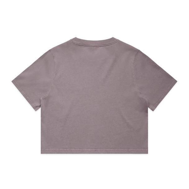 A heavy faded crop tee in a soft mauve colour, featuring a plain back and a subtle logo.