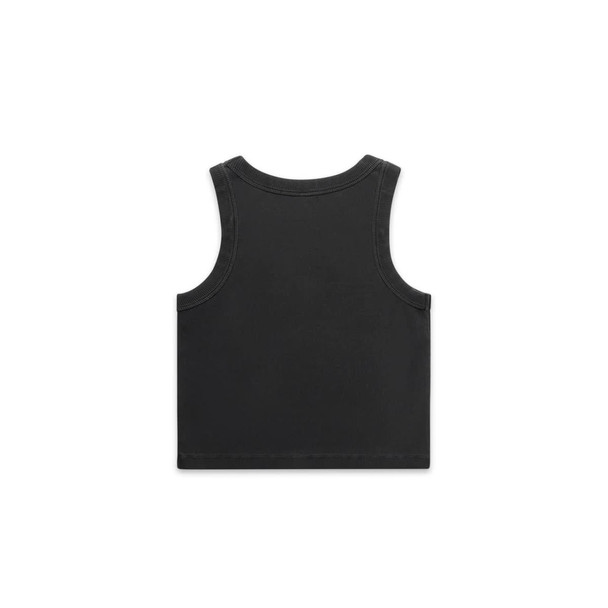 A black organic rib crop tank with a sleeveless design and a simple back. It features a logo on the fabric.