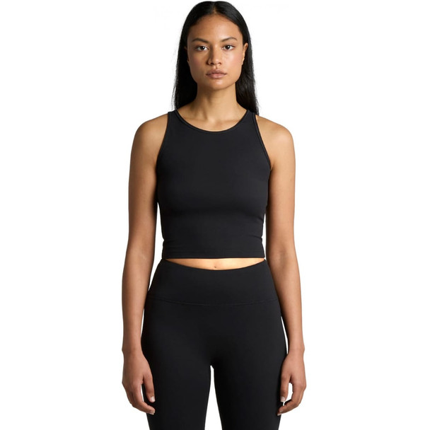 A black crop tank top with a fitted design, styled with a model wearing matching high-waisted leggings.