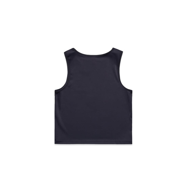 A dark navy crop tank top with a sleeveless design and a plain back. The top features a logo.
