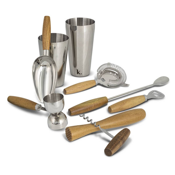 A cocktail set featuring stainless steel tools and wooden handles, including shakers, a jigger, and a strainer.