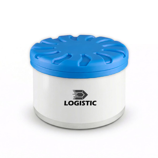 A round air freshener container with a blue lid and white base, featuring a logo on the front.