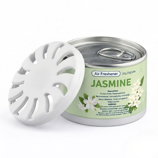 A round tin of jasmine air freshener with a white lid, featuring floral graphics and a green label.