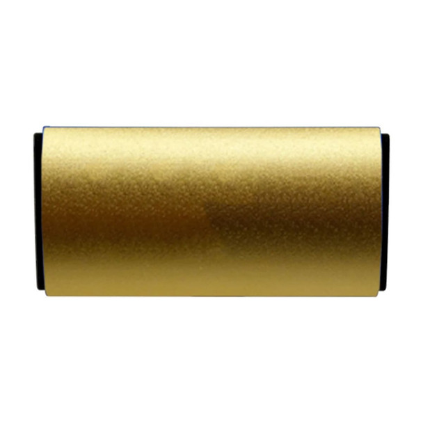 A gold cylindrical car air freshener with black accents and a logo.