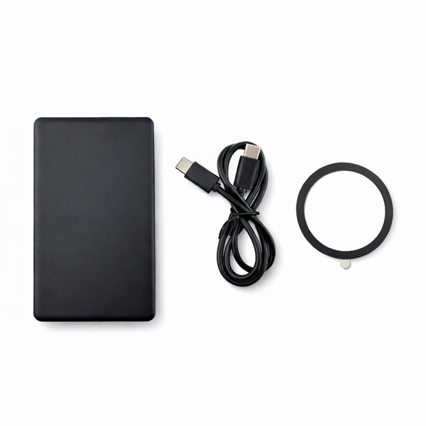 A black solid state power bank, a USB-C cable, and a circular accessory. The product features a logo.
