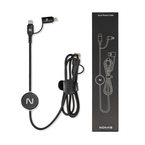 A charging cable featuring a braided design in black with an attached cable holder and a branded round tag.