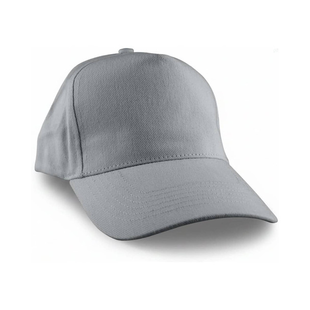 A grey cap with a curved brim and a structured front, featuring a logo on the side.