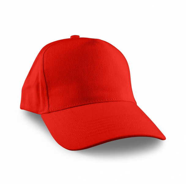 A red cap with a curved brim, featuring a blank front panel and no visible branding.