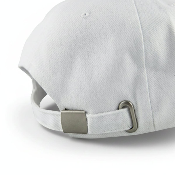 A white cap with a metal clasp at the back and a textured fabric finish. It features a branding logo.