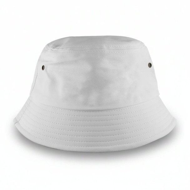 A white bucket hat featuring a simple, unembellished design and a small logo on the side.