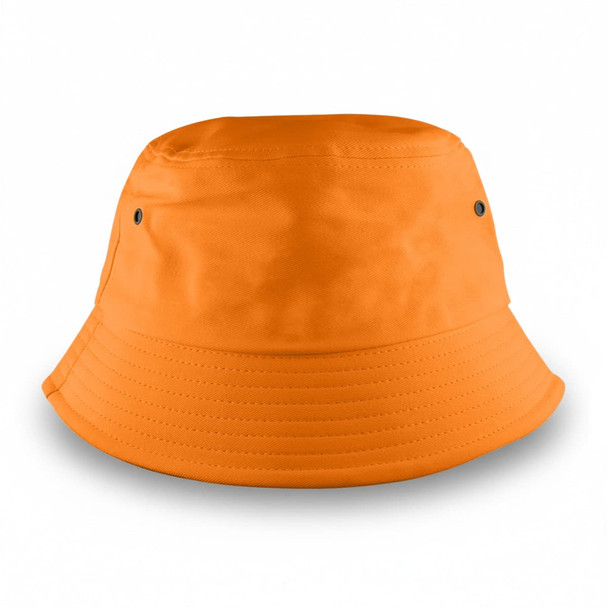 An orange bucket hat featuring a simple design and metal eyelets for ventilation.